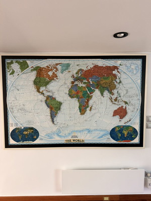 World map used, framed 1.89 x 1.25 m