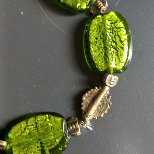 Necklace with glass beads and brass elements handmade like new, green and gold