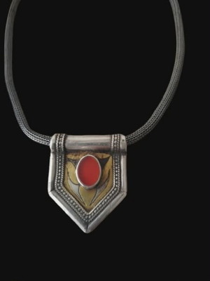 Silver ethnic necklace used, Turkmen style with red oval stone