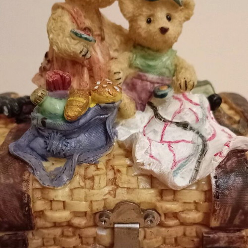 Vintage decorative piggy bank shaped like a chest with teddy bear figures like new