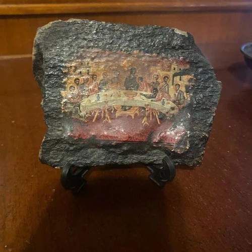 Byzantine icon of the Last Supper used, hand-painted on stone