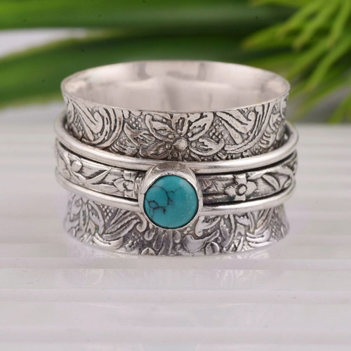 Boho ring with natural turquoise new, silver plated metal