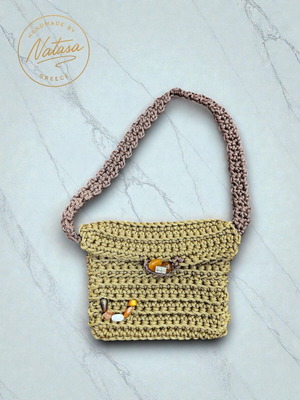 Handmade knitted shoulder bag new, beige with pink strap
