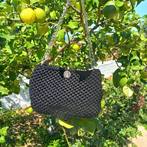 Handmade 2-in-1 black knitted bag with silver lurex and chain