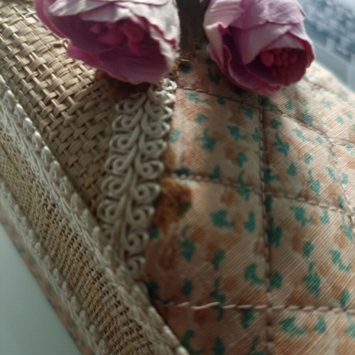 Fabric and straw jewelry box, beige and pink