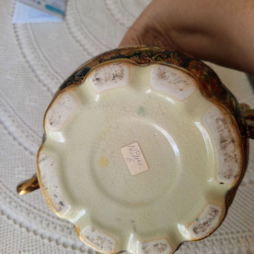 Vintage Japanese Satsuma porcelain jar with lid and gold handles