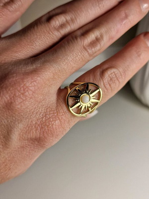 Stainless steel ring new with sun design and beige semi-precious stone