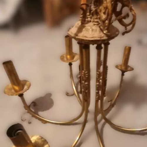 Chandelier ceiling light used, metal gold-bronze, 6 arms
