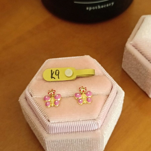 Gold children's earrings 375 with enamel and zircon new, pink and gold