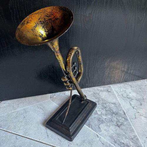 Vintage decorative musical instrument 30 cm with base, bronze finish