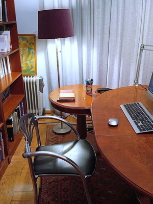 Vintage Workstation with Selva Oval Desk and Large Cherry Bookshelf used