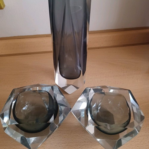 Murano vase and ashtray set vintage gray color with chips