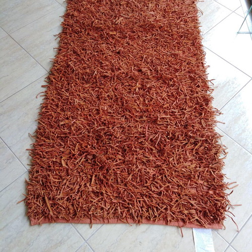 Handmade orange rag rug 0.80x1.50 meters 95% leather 5% cotton