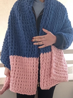 Handmade scarf with Alize Puffy yarn in blue and pink, made to order