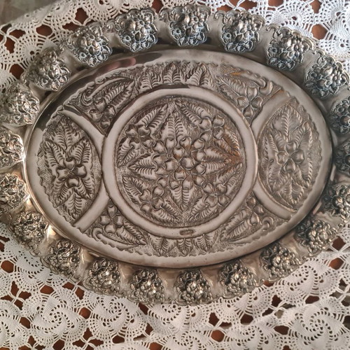 Serving tray old handmade silver-plated used 49x30cm
