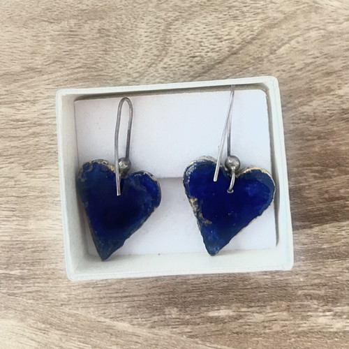 Handmade Heart Earrings in Royal Blue with Gold Details