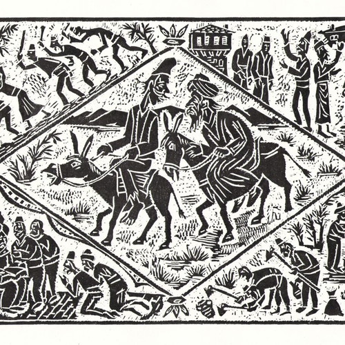 Linocut Hitŭr Petŭr and Nastradin Hodja new