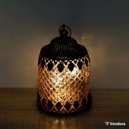 Decorative LED glass lantern dusty pink with embossed copper leaves