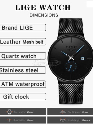 LIGE ρολόι καινούργιο, unisex, μαύρο, quartz, ανοξείδωτο ατσάλι