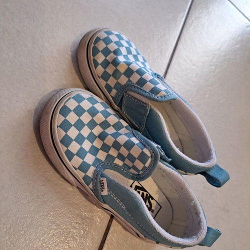 Vans Slip-On Kids' Canvas Shoes Size 24 Like New Turquoise White Checkered