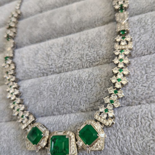 Necklace with white and green zircon stones silver plated like new
