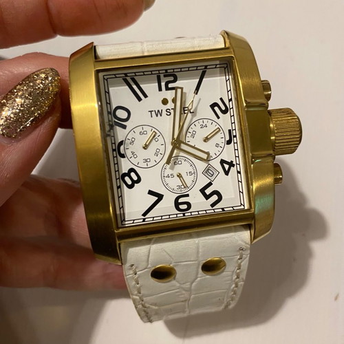 TW Steel White Dial Gold Tone Square Case 42mm Unisex Watch like new with leather strap