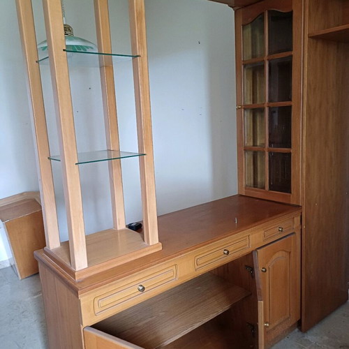 Wooden walnut display cabinet unit with lighting and storage spaces