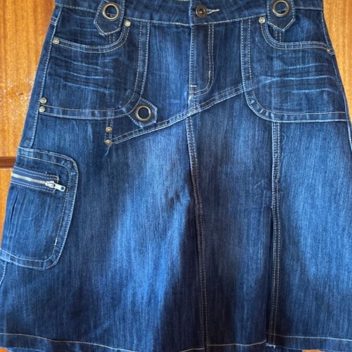 Vintage Y2K Grunge Denim Midi Skirt with Cargo Details, Like New, Dark Blue