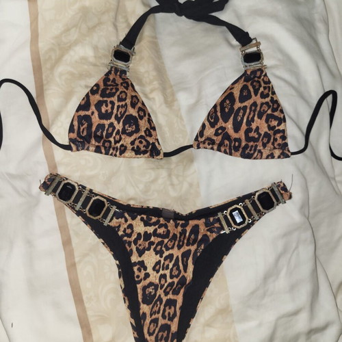 Swimsuit with leopard print and black stones used, size S
