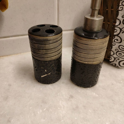 Bathroom set used with soap dispenser, toothbrush holder, and basket