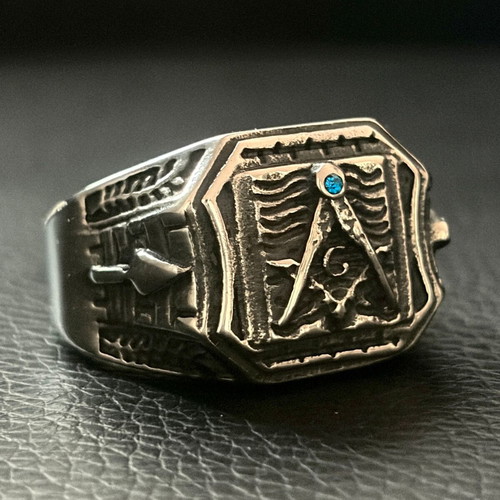 Masonic Square & Compasses Ring new, blue stone, 316L steel, US 15