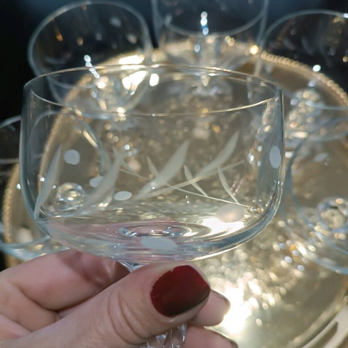Set of 6 Crystal Coupe Champagne Glasses Used, Diamond Engraved