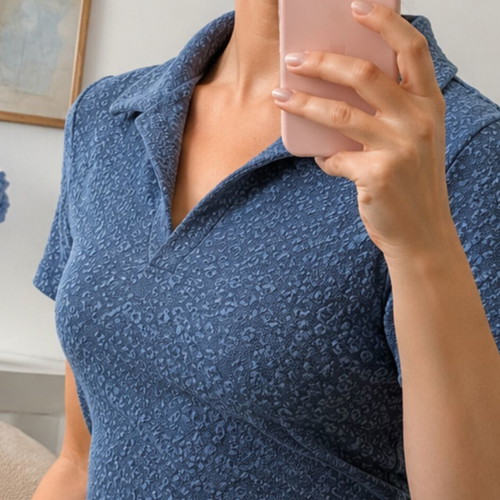 Irana Polo Shirt like new, blue-gray animal print, size M