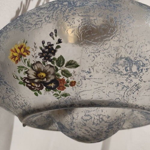 Vintage pendant light used, aluminum and painted opaline