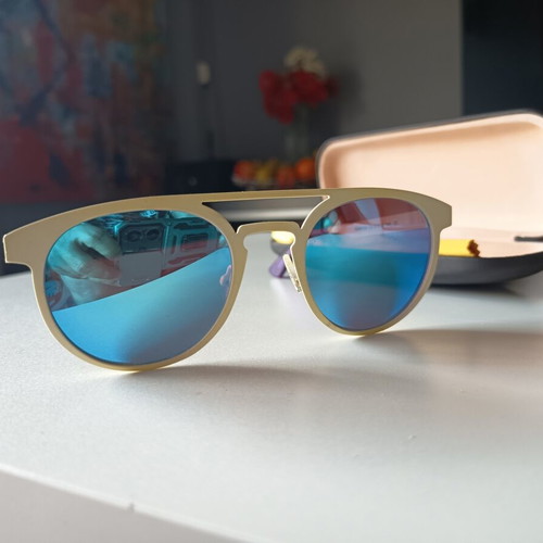 Sunglasses metal frame white-beige with blue mirror lenses new