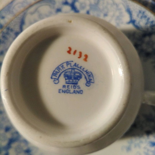 Antique English porcelain tea cup trio set with saucer and cake plate, blue