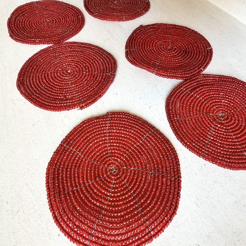 Set of 6 retro handmade coasters with red beads and wire