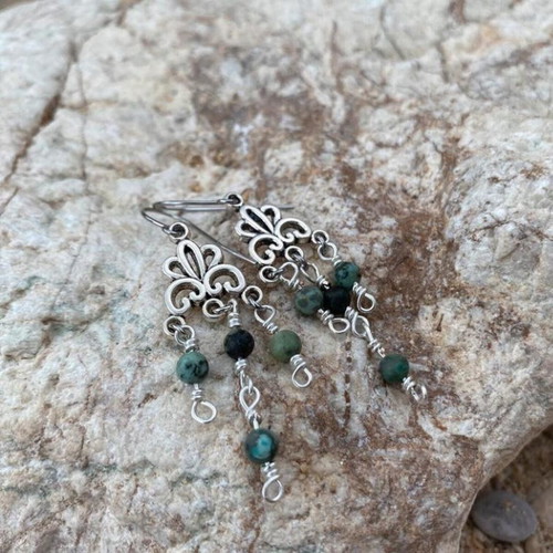 Handmade boho earrings with African turquoise jasper, silver-plated hooks