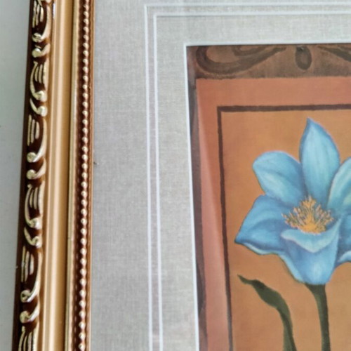 Vintage decorative frame with blue flower in vase, like new