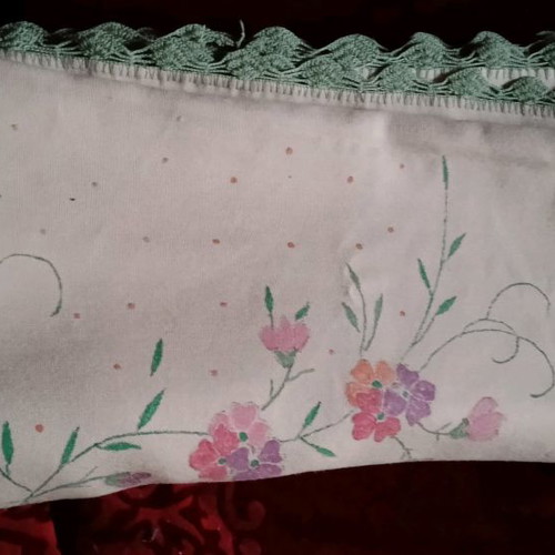 Tablecloth used 174x170 cm with painted design and handmade lace