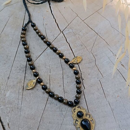 Necklace with onyx beads and black tourmaline new