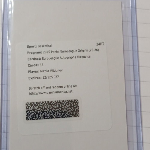 Nikola Milutinov Panini EuroLeague Origins 25-26 Autograph Turquoise Redemption