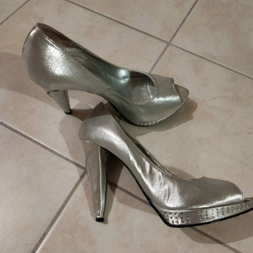 Tecno shoes peep toe silver heels with rhinestones