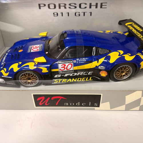 UT Porsche 911 GT1 #30 G-Force Strandell blue flame livery 1997 FIA GT 1/18 scale model