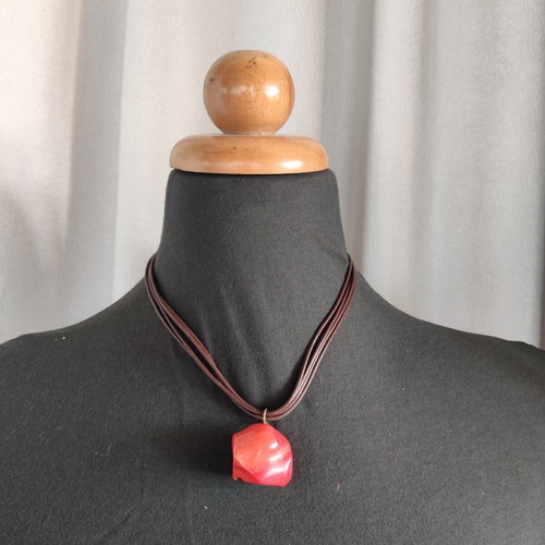 Boho necklace with natural red coral pendant and brown multi-strand cord