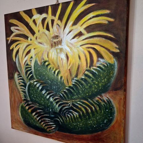 Handmade painting of blooming succulent on dark canvas, new