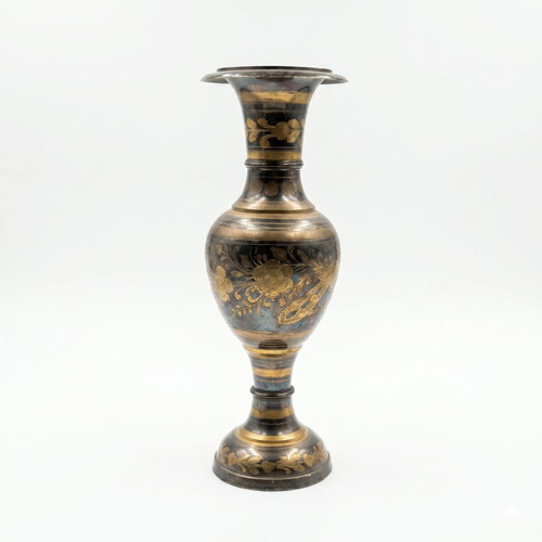 Vintage Handmade Brass Vase Moradabad with Black Enamel 30 cm