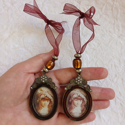 Set of vintage miniature enamel frames with beads and crystals