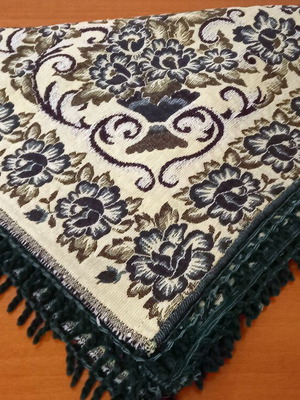 Vintage woven tablecloth used, deep green with fringes