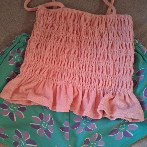 Girls' set like new, pink and green, terry fabric bustier